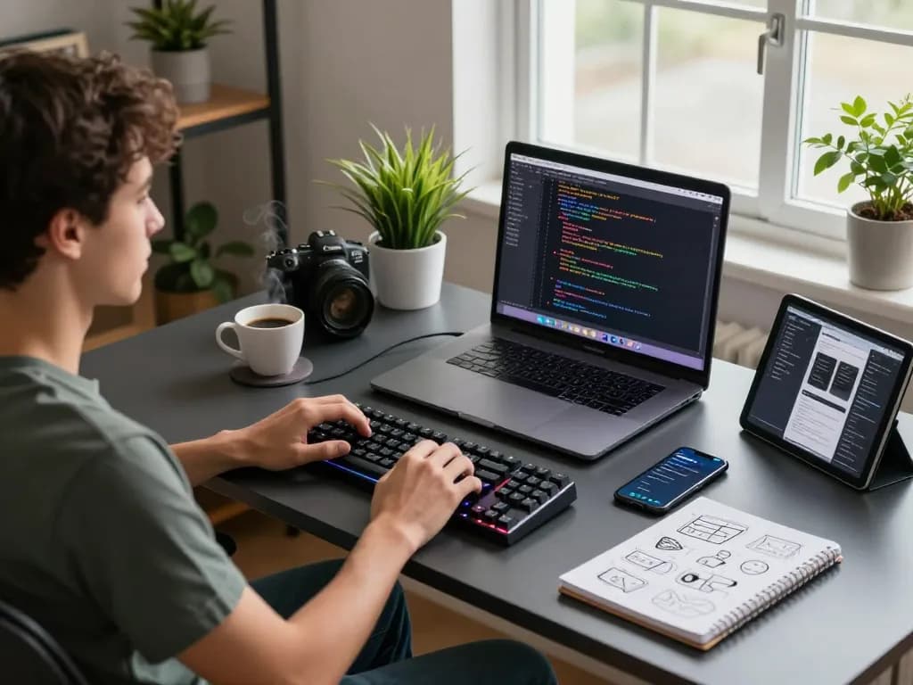 Clawdbot mac development scene showcasing a coder working on a MacBook with colorful code, modern office setup, and essential coding tools.