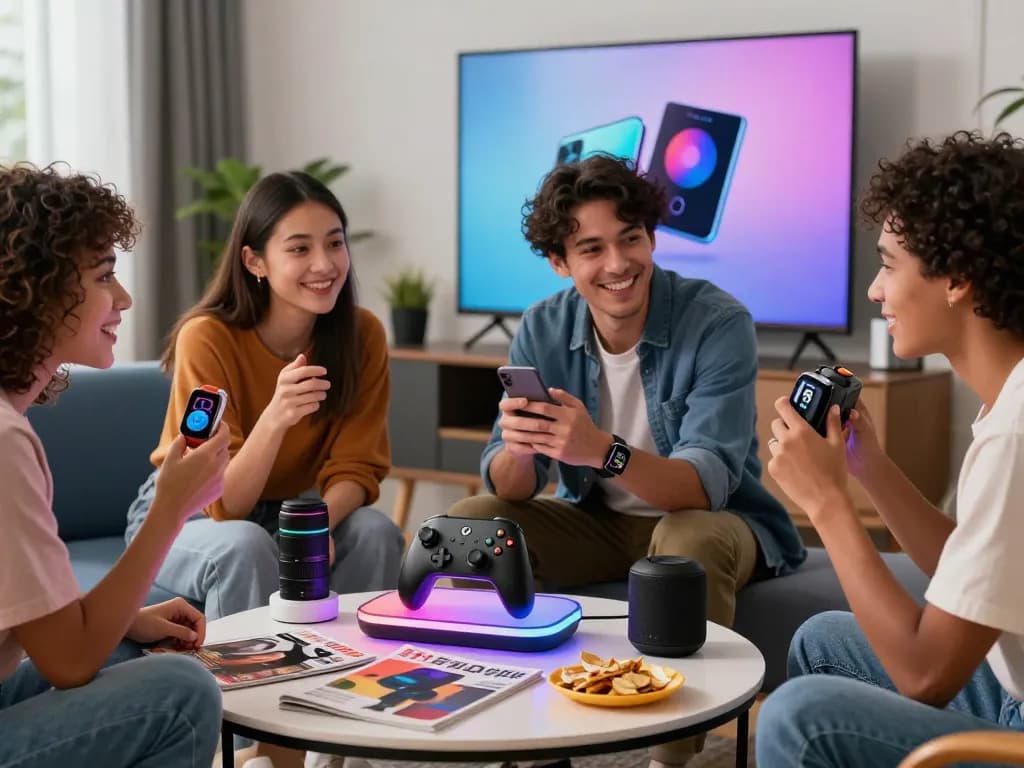 Engaged group exploring top 10 tech gadgets 2063, showcasing Bluetooth innovations in a modern tech setting.