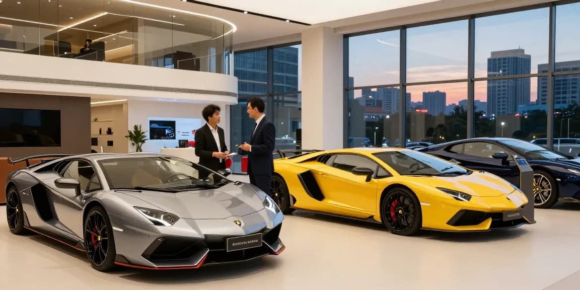 Momen mewah LUXURY 777 di showroom mobil premium dengan mobil-mobil eksotis dan pengunjung yang tertarik.