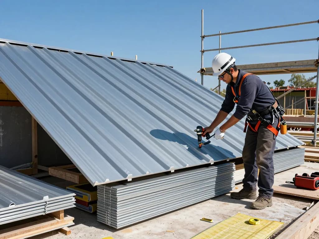 Installing หลังคาสแนปล็อค roofing panels with precision tools on a bright construction site.
