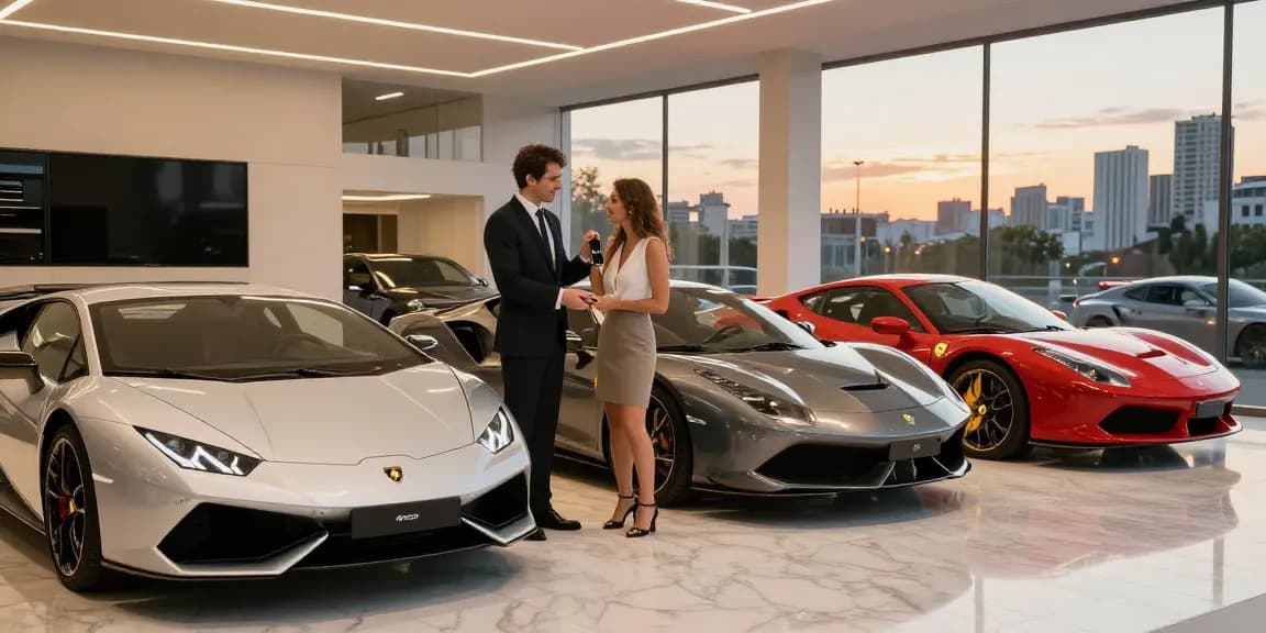 Pengalaman sewa mobil mewah LUXURY 777 di showroom, kendaraan premium dan suasana yang elegan.