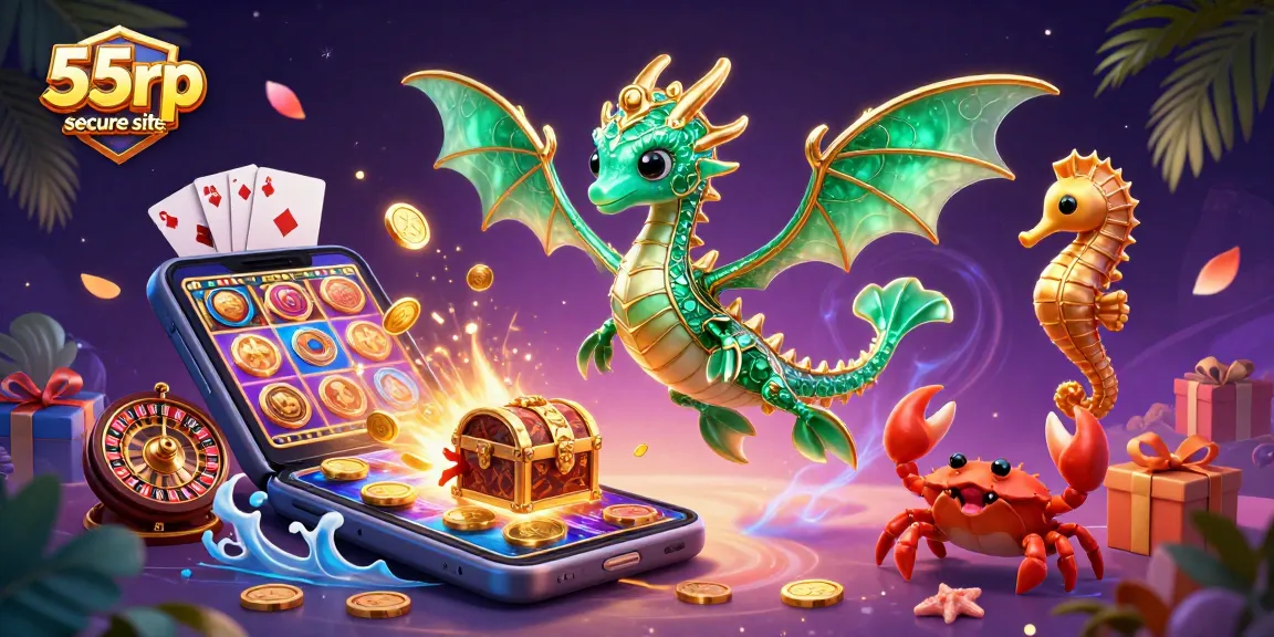 Engage with thrilling games at the 55rp secure site, featuring an enchanting sea dragon and dynamic slot actions.