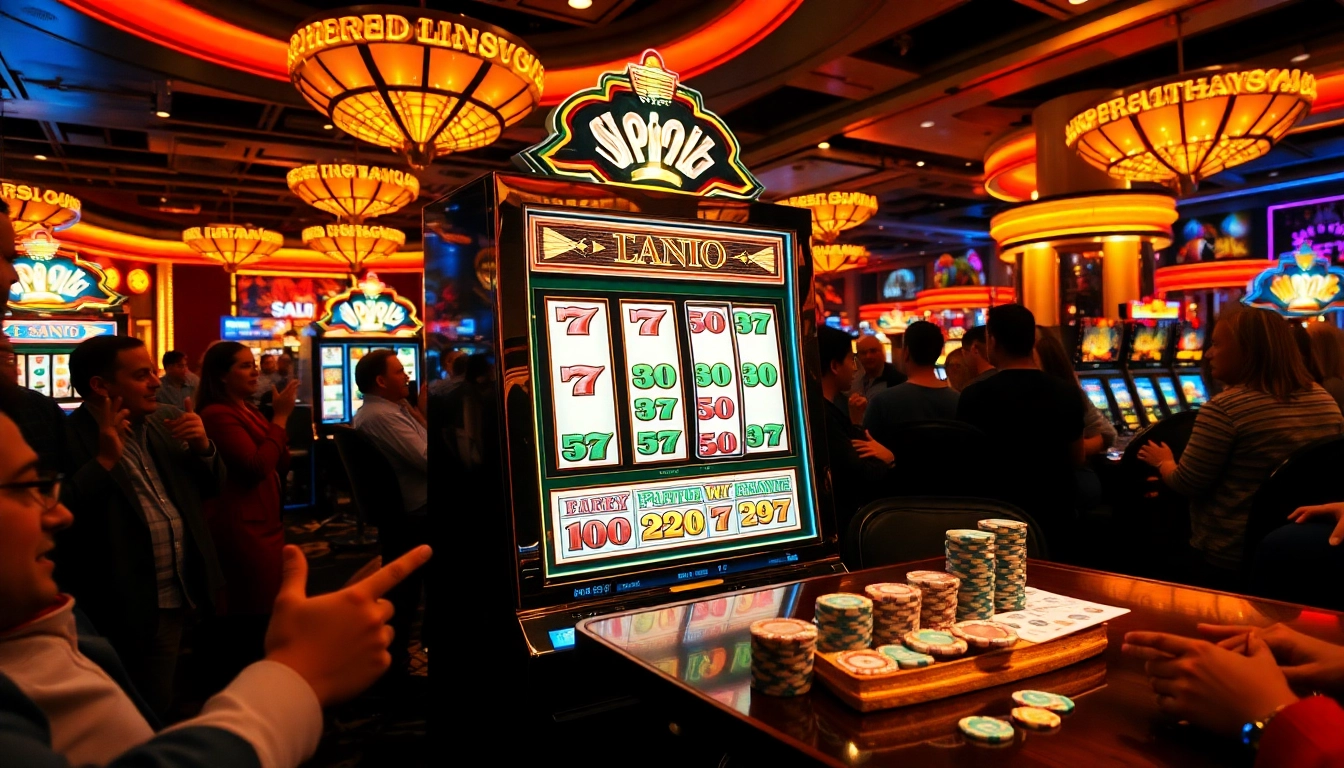 Permainan slot yang menarik dengan mesin dan pemain penuh semangat di kasino.
