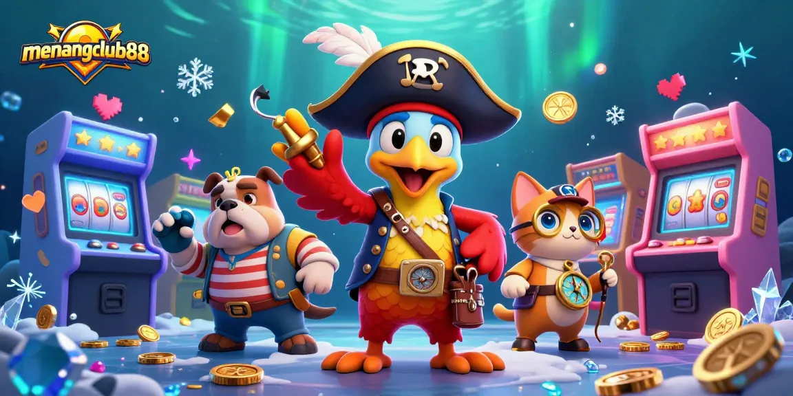 Win big with menagclub88's vibrant casino scene featuring pirate characters and slot reels.