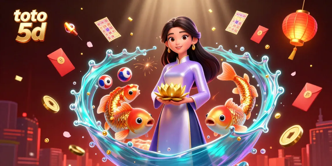 Playing toto 5d, the Asian woman elegantly celebrates with golden koi fish amid floating lottery elements.