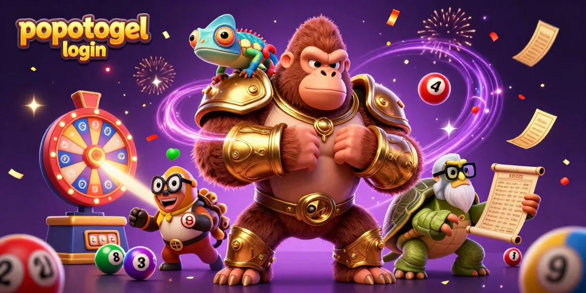 Experience the excitement with popotogel login in a vibrant casino-themed 3D illustration filled with dynamic game elements.