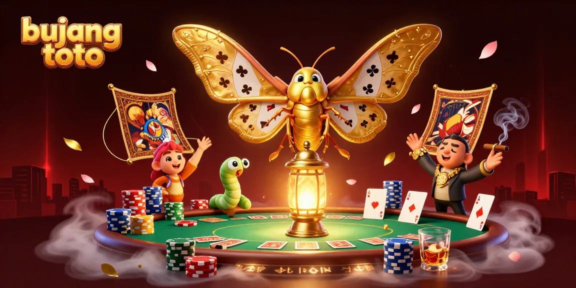 Melihat aksi menarik bujang toto bersama kasino dengan simbol kartu dan chip poker warna-warni.