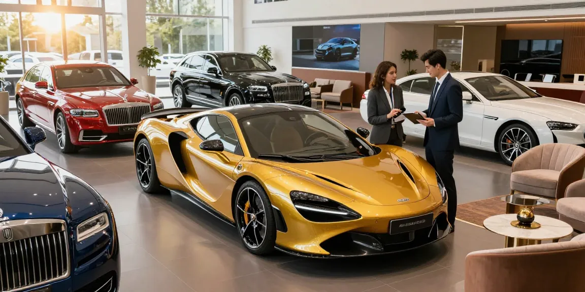 Menampilkan LUXURY 777 di showroom mobil mewah dengan mobil sport berkilau.