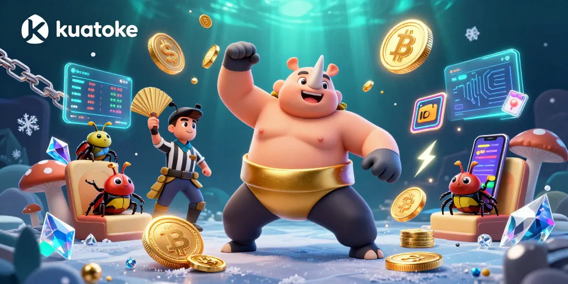 Engage in exciting kuatoke games with 3D characters competing amidst golden coins and neon crypto elements.