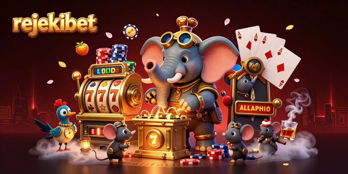 Experience thrilling gameplay with rejekibet, featuring a steampunk elephant and vibrant casino elements.