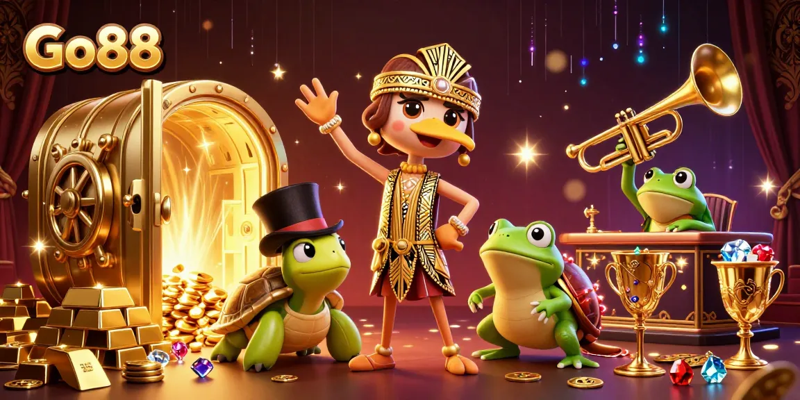 Engage in thrilling games at Go88 with a vibrant cartoon scene featuring a crane, turtle, and frog amidst treasures.