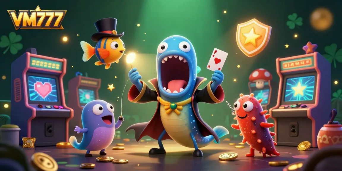 VM777 showcases a vibrant 3D casino scene with bioluminescent characters performing magic.