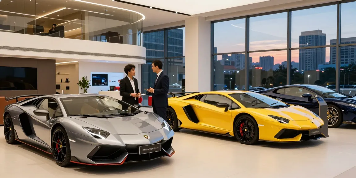Momen mewah LUXURY 777 di showroom mobil premium dengan mobil-mobil eksotis dan pengunjung yang tertarik.