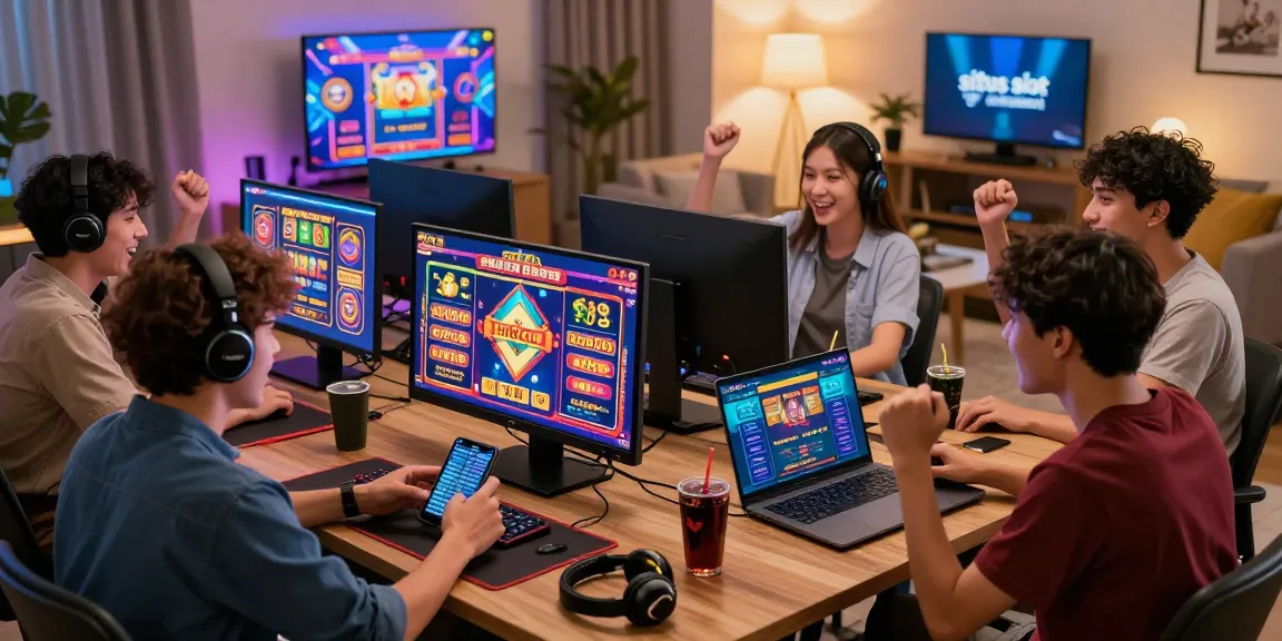 Engaging group of friends exploring situs slot raffi ahmad in a lively online gaming atmosphere, showcasing vibrant slot game screens and social interaction.