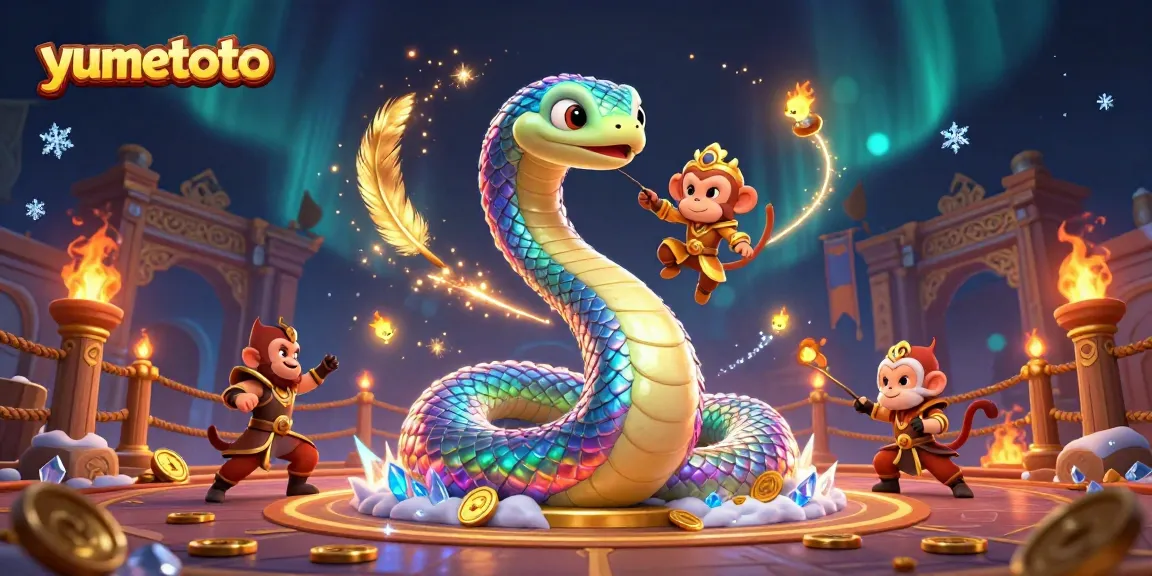 Experience the excitement of yumetoto with a dynamic illustration of a rainbow serpent and monkey king in a vibrant gambling scene.