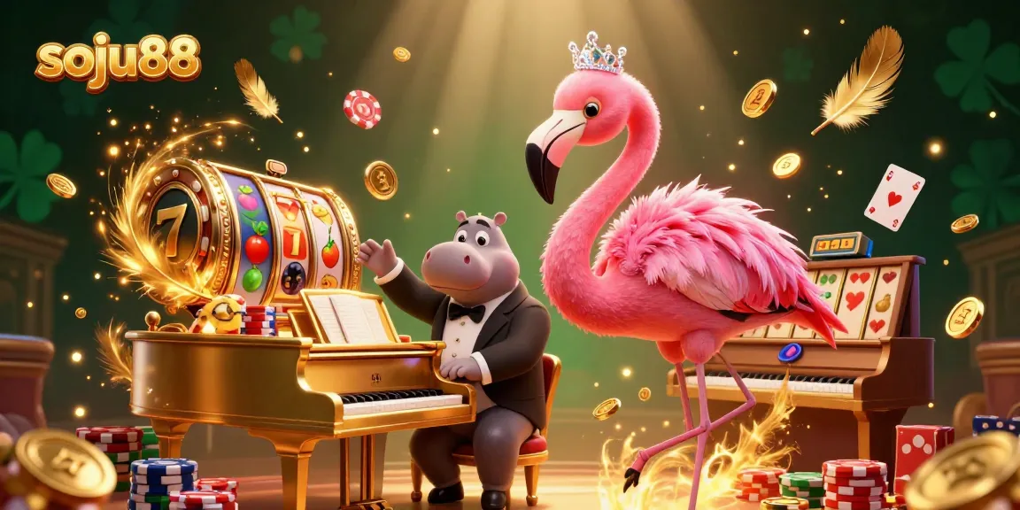 Experience soju88 with vibrant cartoon characters amidst a lively casino atmosphere featuring slots and poker.