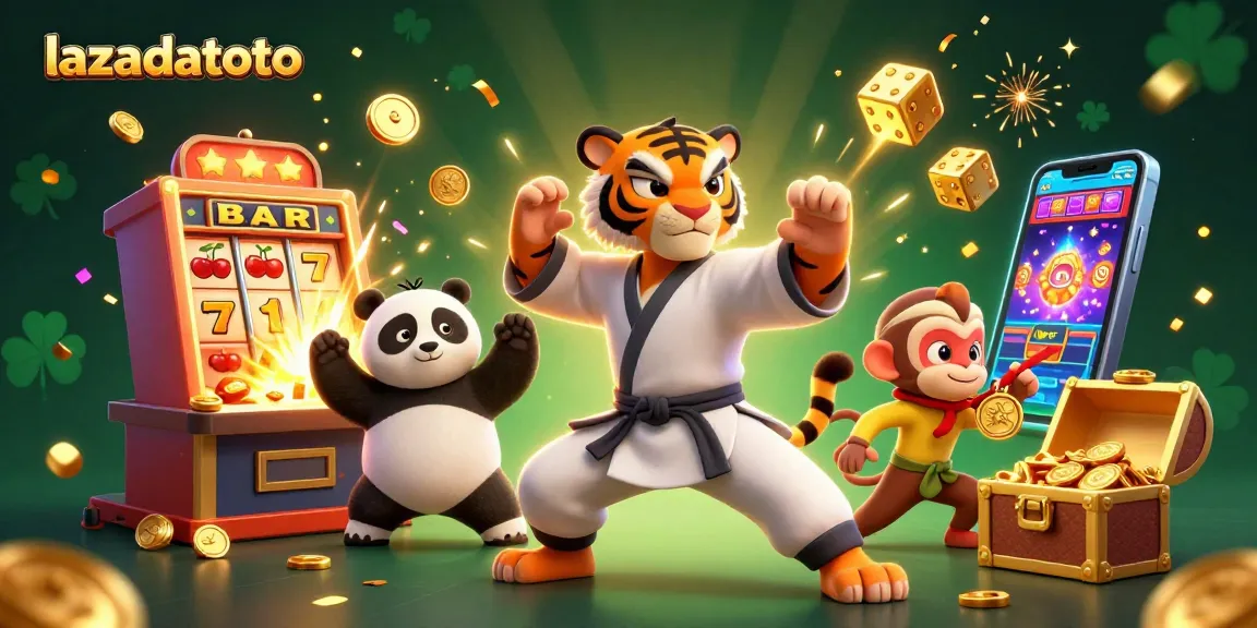 Mesin slot memancarkan koin sambil lazadatoto menampilkan karakter beruang panda dan monyet nakal.