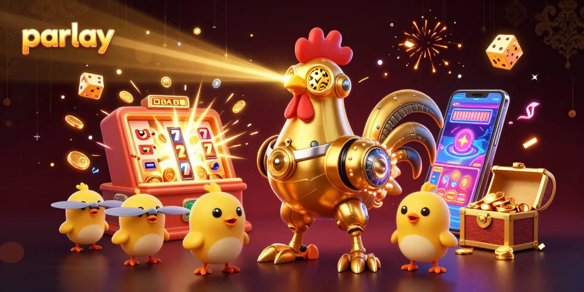 Engage with thrilling parlay betting through a vibrant 3D illustration featuring a golden rooster and dynamic gaming elements.