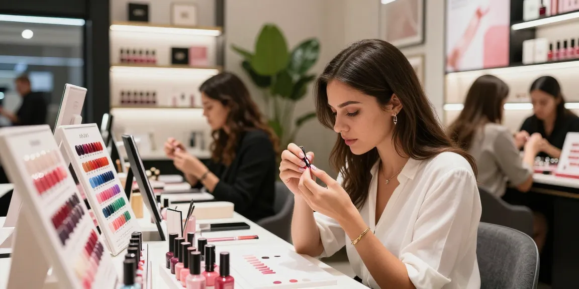Koleksi produk LUXURY12 dan wanita menunjukkan seni kuku di toko kecantikan.