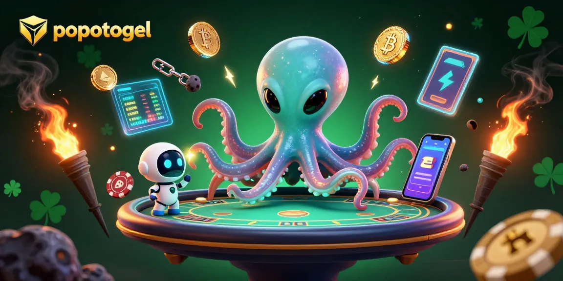 Popotogel menghadirkan visual menyenangkan dari gurita alien dan robot kecil di meja poker holografik bertema kasino.