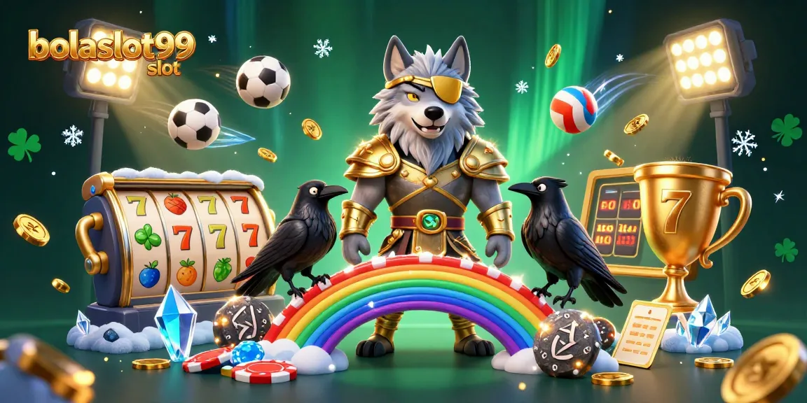 Engage with bolaslot99 slot in this vibrant 3D Norse-themed casino scene featuring Odin's wolf.