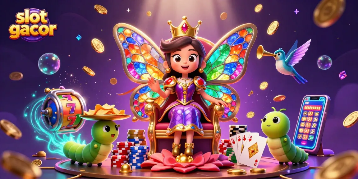 Slot gacor menampilkan ilustrasi kasino dengan ratu kupu-kupu dan banyak elemen permainan.