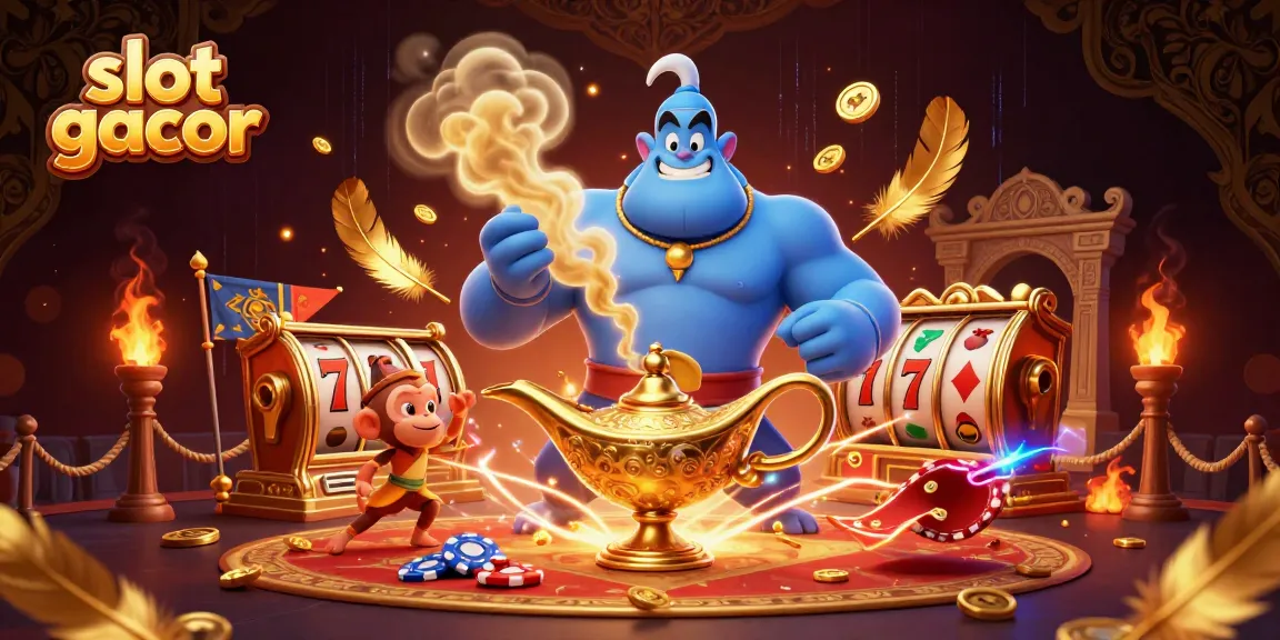 Experience slot gacor excitement with a magical genie and vibrant casino elements in this immersive illustration.