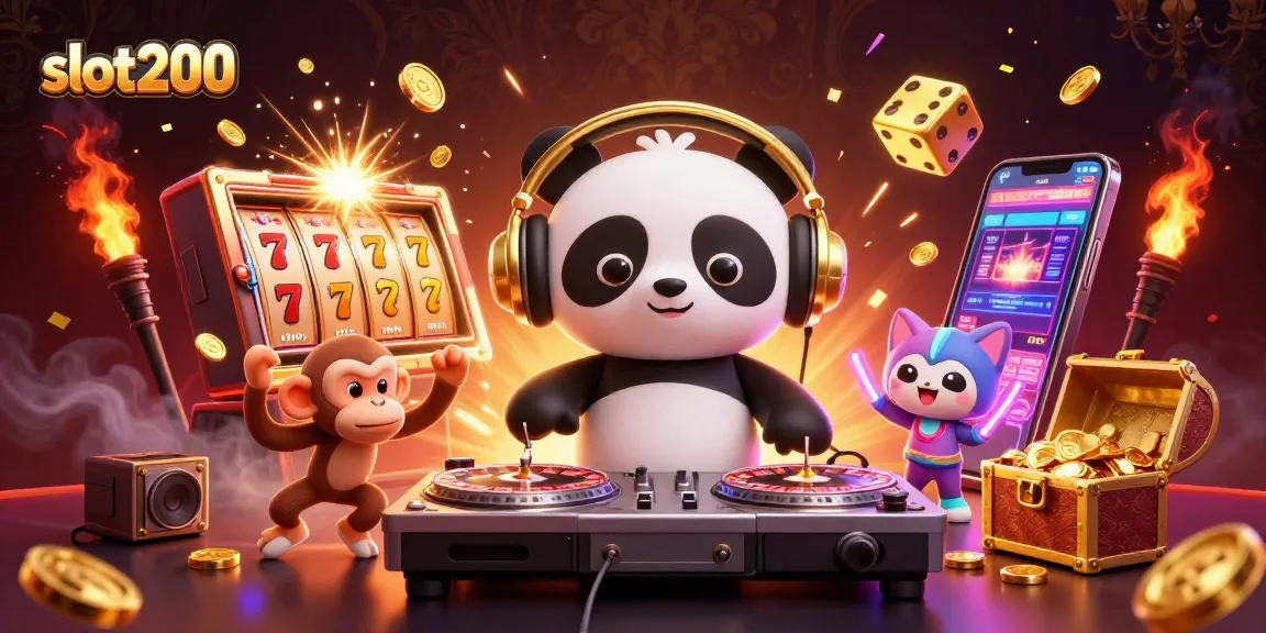 Permainan slot200 mempersembahkan DJ panda dan karakter lainnya dalam suasana kasino yang meriah.