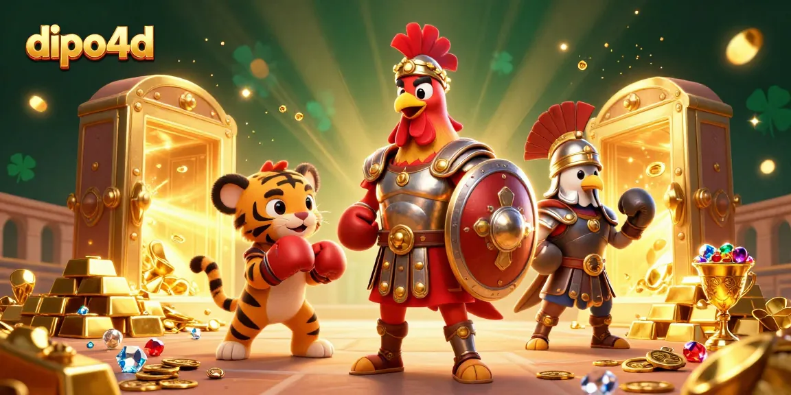 Join the dipo4d gladiator rooster in a vibrant 3D casino scene filled with treasure and excitement.