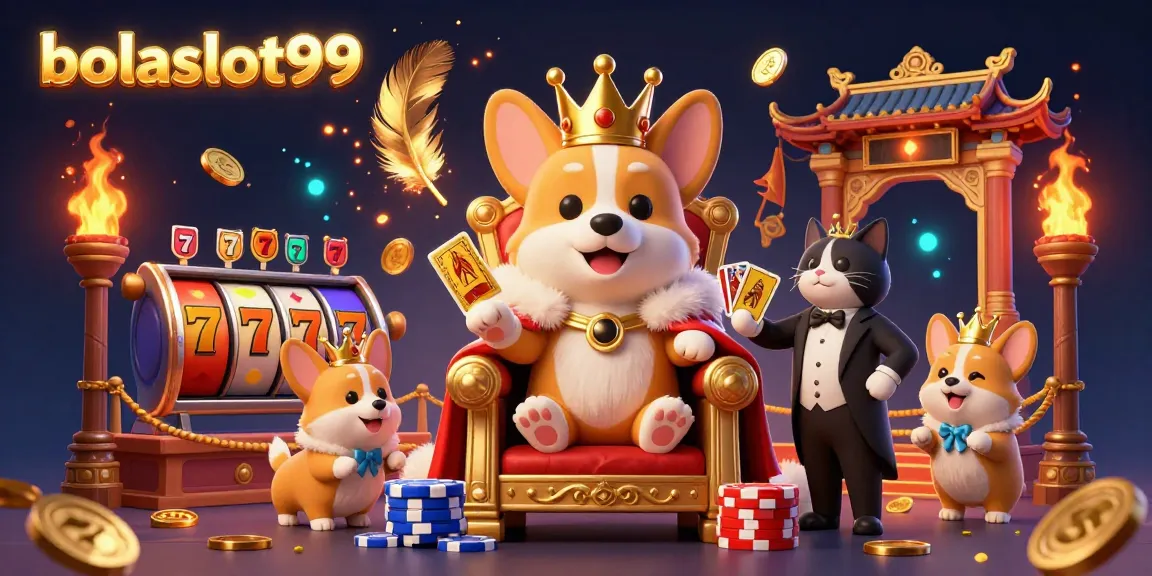 Experience the excitement of bolaslot99 with a royal corgi on poker chips and slot reels.