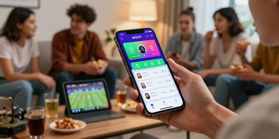 Pengguna UFO777 mengeksplorasi aplikasi olahraga di smartphone sambil berdiskusi dengan teman-temannya.
