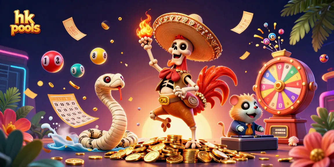 Menang besar dengan hk pools, ilustrasi kartun 3D meriah menghadirkan momen kemenangan togel dan slot