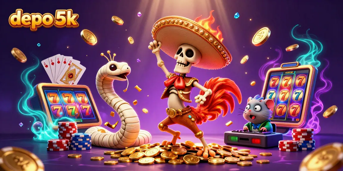Win big with depo 5k playing energetic slots as colorful coins fly in a festive scene!
