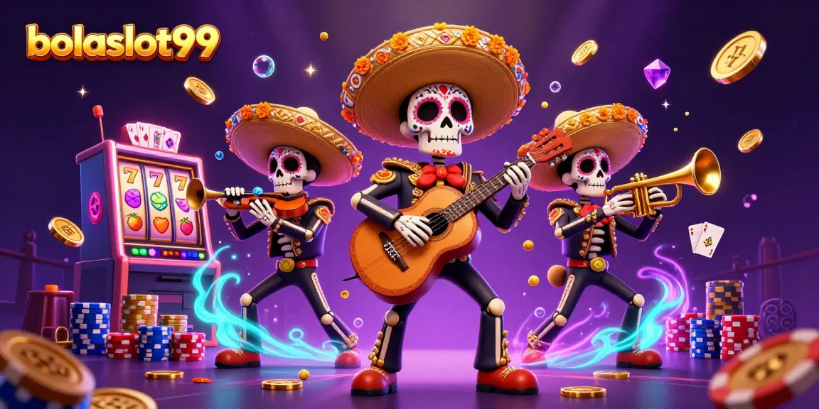 Play with bolaslot99’s exciting slot machine featuring mariachi characters and vibrant casino elements.