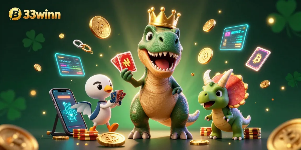 33winn offers vibrant 3D casino fun with characters like a T-Rex card shuffler, enhancing gaming excitement.