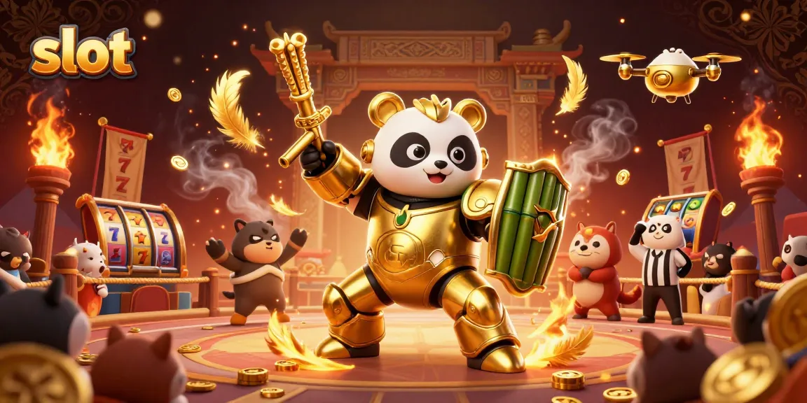 Putaran slot yang menarik dengan panda emas mengemudikan robot bertema bambu