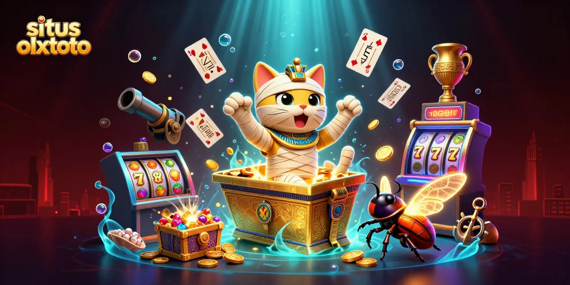 situs olxtoto, mumi kucing membawa keberuntungan dalam permainan kasino dengan slot berkilau dan dekorasi harta karun