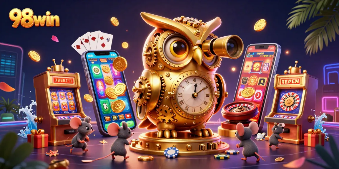 Engage in fun slot games at 98win with a vibrant 3D casino scene.
