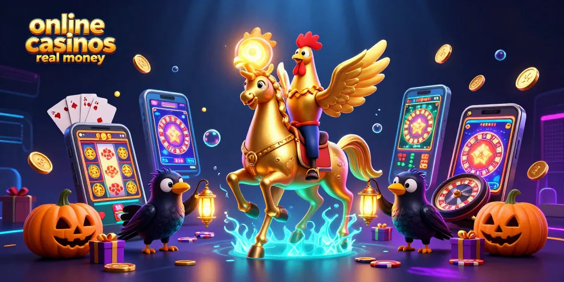 Spin and win at online casinos real money with a golden rooster riding a spectral horse!