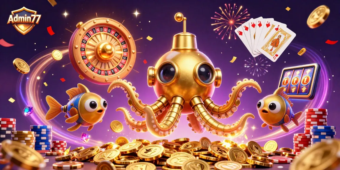 Admin77 showcases a vibrant 3D casino scene with a kraken submarine among golden coins.