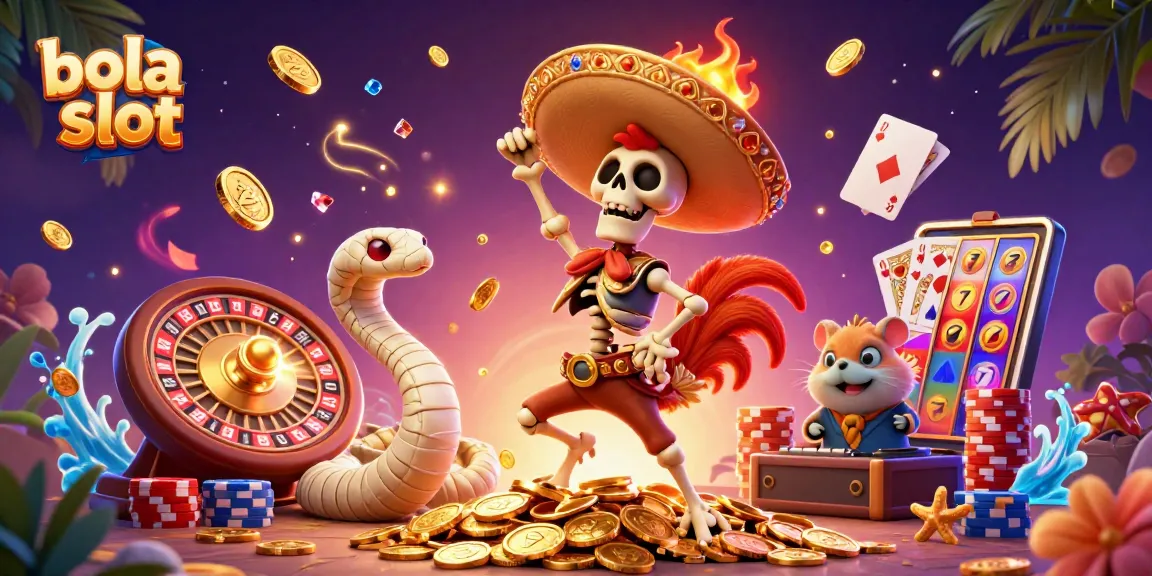 Bola slot action featuring a rooster DJ and vibrant casino elements with golden coins and slot themes.
