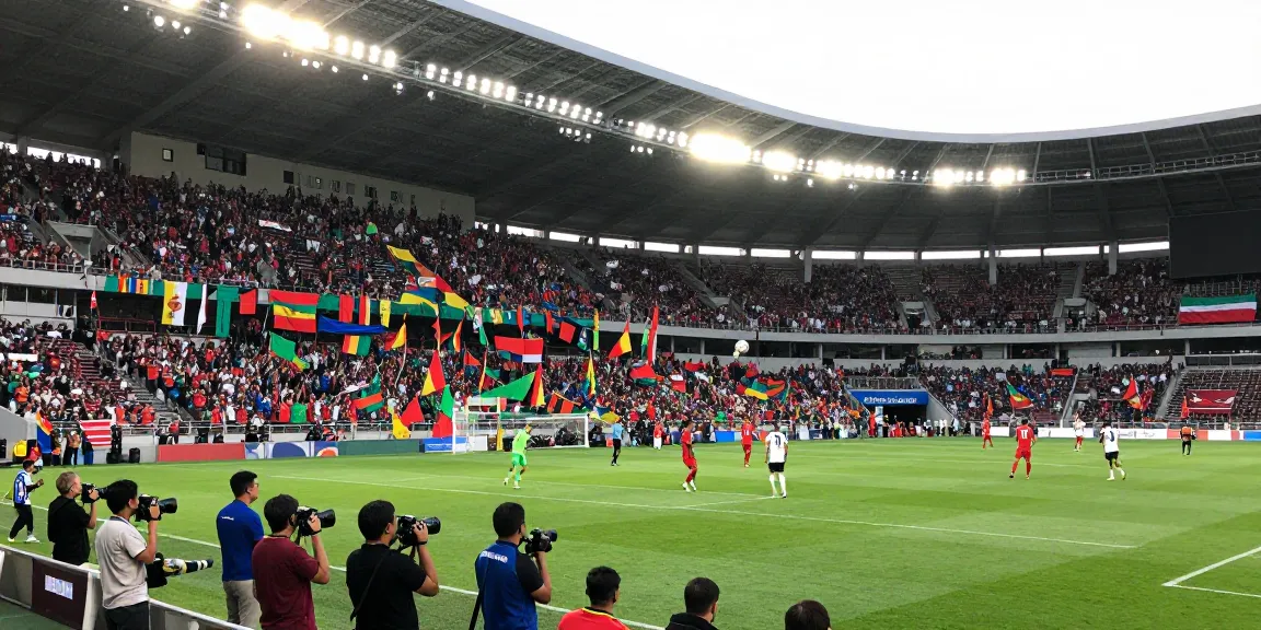 Jadwal Piala Dunia 2026 terlihat jelas di stadion saat pertandingan, para penggemar bersorak dengan bendera, dan pemain beraksi.