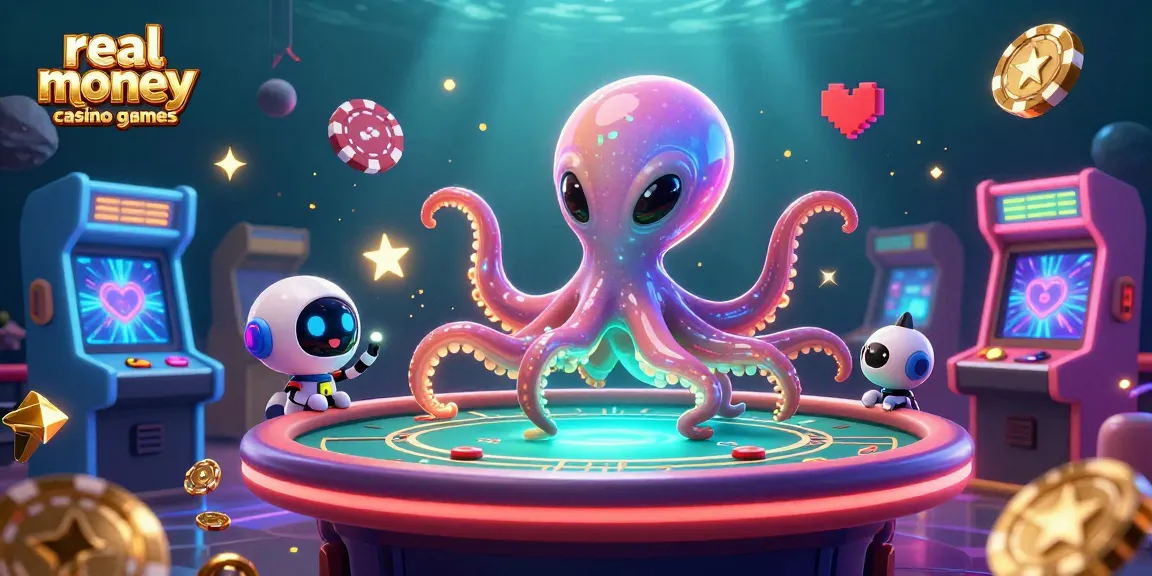 Engage with real money casino games in a vibrant 3D scene featuring aliens, poker tables, and cosmic themes.