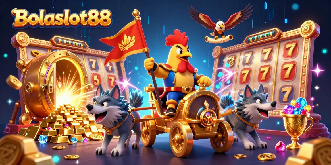 Bolaslot88 promotes exciting slot gameplay featuring a cartoon rooster warlord with gold treasures.