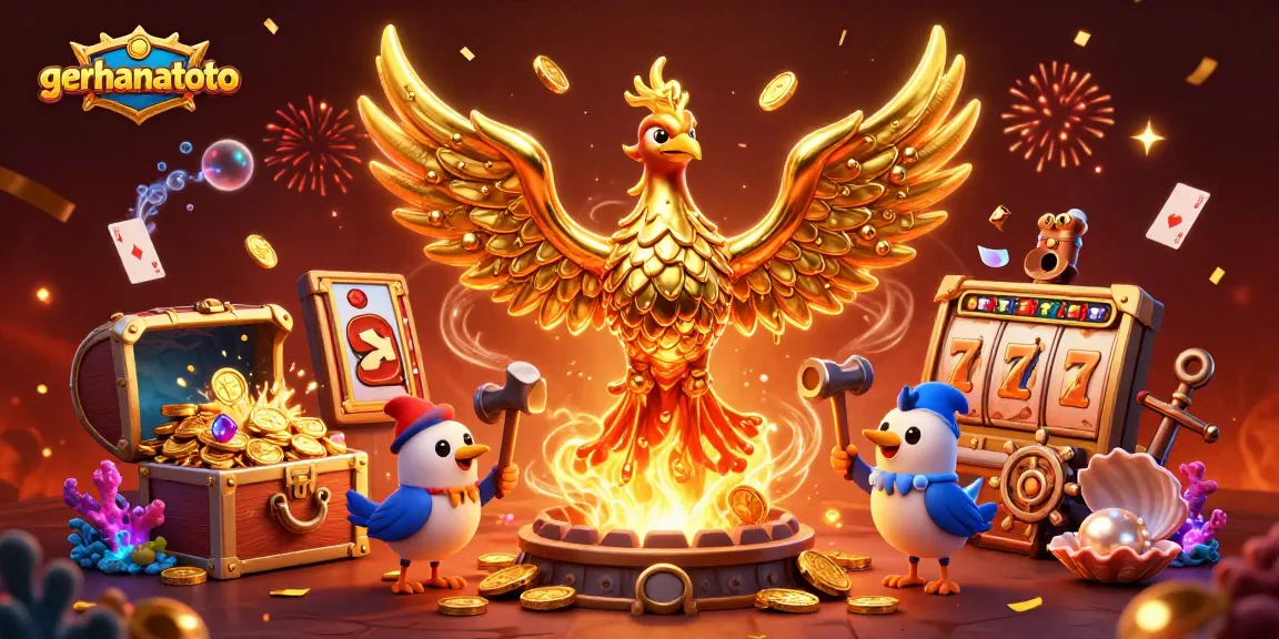 Menangkan jackpot di gerhanatoto dengan ilustrasi phoenix emas megah dan elemen permainan kasino yang menakjubkan.