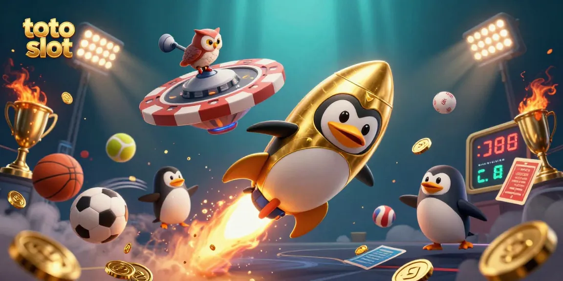 Permainan toto slot menampilkan penguin emas bertenaga roket menerjang ruang angkasa dengan koin emas mengalir jelas.