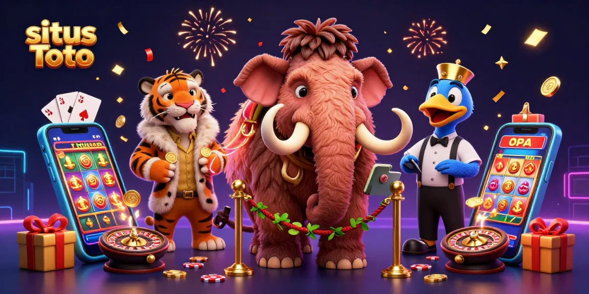 Situs Toto featuring a vibrant casino scene with a bouncer mammoth checking IDs, a saber-tooth guest, and gaming actions with colorful slots.