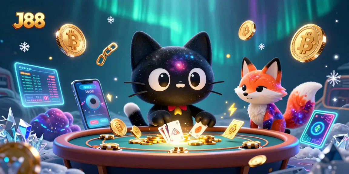 Engage in the cosmic J88 casino with dynamic characters and vibrant crypto elements.