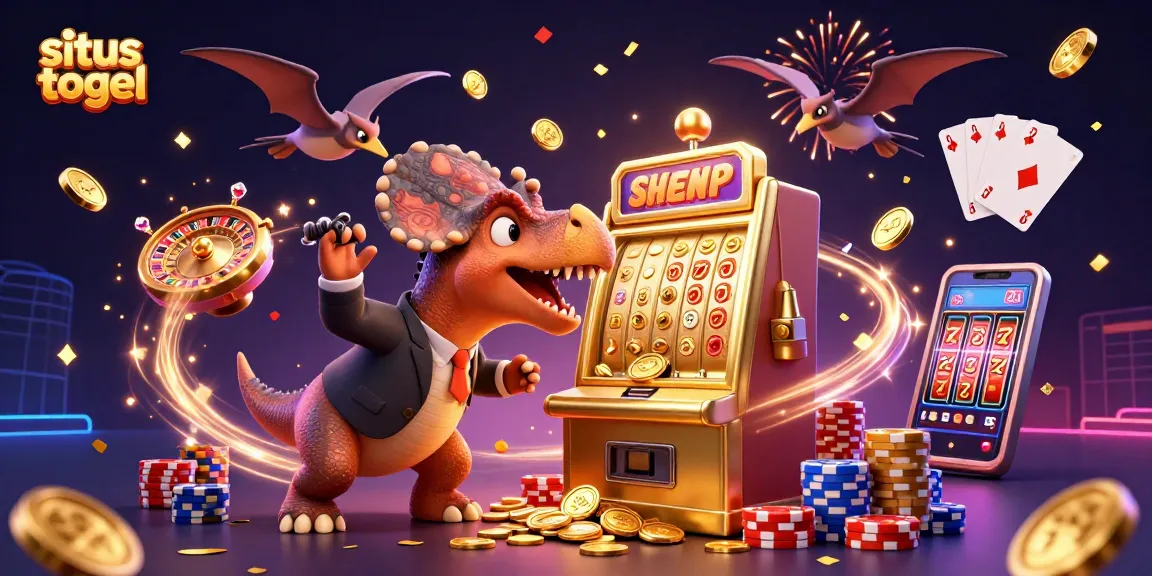 Ilustrasi situs togel dengan dinosaurus bermain mesin slot emas, koin berkilauan terbang.