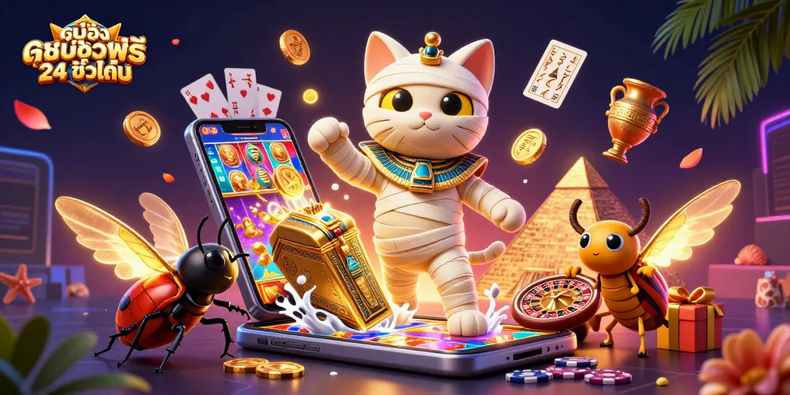 Experience the thrill of ดูหนังออนไลน์ฟรี 24 ชั่วโมง with a captivating scene of a mummy cat revealing golden treasures.